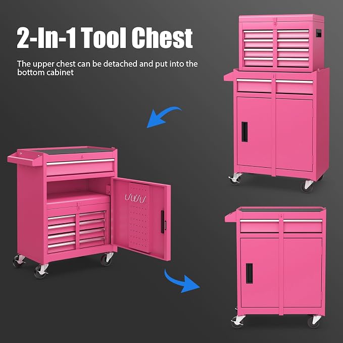 Goplus Pink Tool Chest, 5 Drawers Rolling Tool Cabinet w/Detachable Top Toolbox, Universal Lockable Wheels,Lock Bar,Protective Liner,Tool Rack, Metal Tool Storage Cart, Tool Box for Garage Workshop