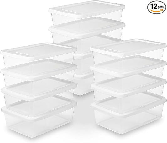 Sterilite Storage Box Stackable Tote, White, 12 Quart, 12 Pack | Clear Plastic Container with Secure Snapping Lids for Home and Office Organization