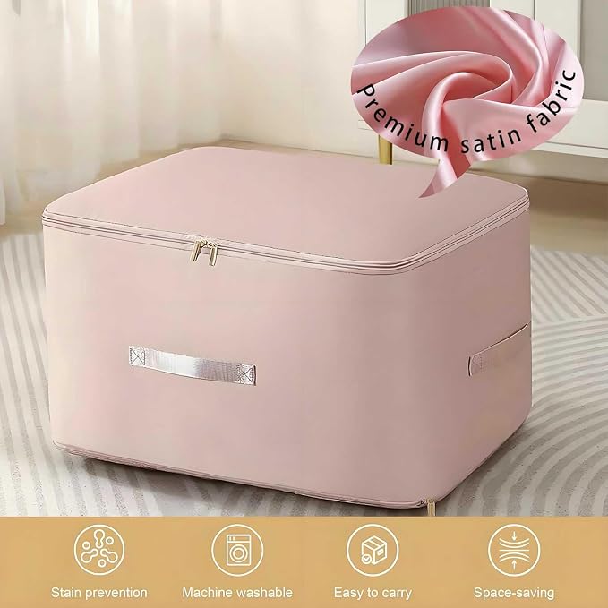 Comforter Storage Bag, Bedding & Blanket Self Compression Storage Organizer | Compression Storage Bag for Blanket Storage, 3-Layer Thick Satin Fabric Heavy Duty Bags for Pillow Duvet (Pink, XL)