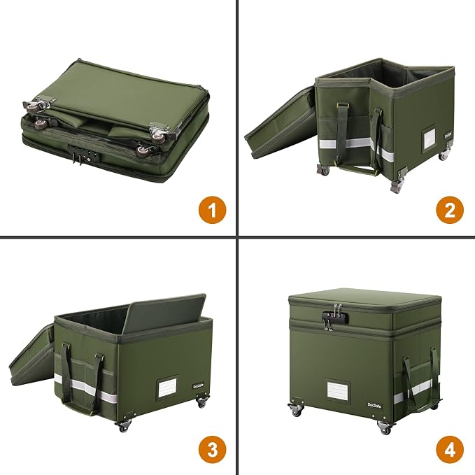 DocSafe File Box with Lock,2-Layer Fireproof Document Box with Wheels,Collapsible Rolling File Storage Organizer with Pockets,Large Portable Home Office Filing Cabinet Safe for Hanging Folders,Green