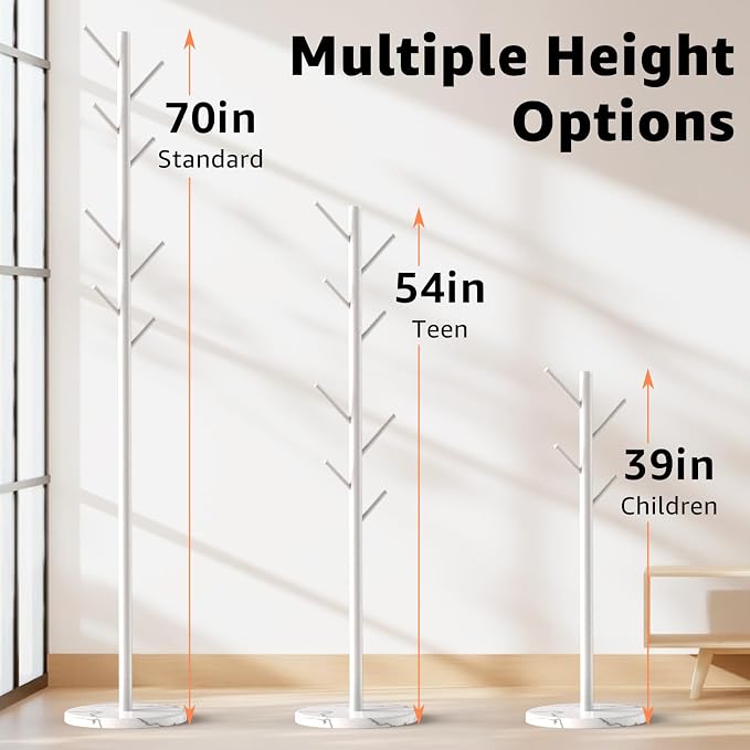 HzTinT Coat Rack with Natural Marble Base, 3 Adjustable Height Coat Tree | with 8 Metal Hooks, Holds Coats, Bags & Hats, For Entryway, Bedroom and Office, White