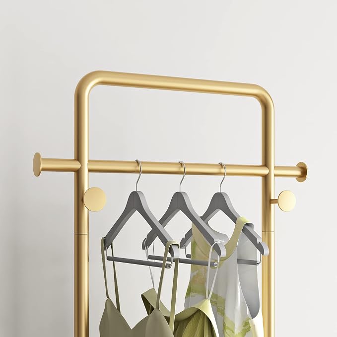 TIEOU Gold Clothing Racks with Shelf, Heavy Duty Gold Clothes Racks for Boutiques, Free-Standing Metal Garment Rack for Hanging Clothes, Modern Coat Rack Entryway