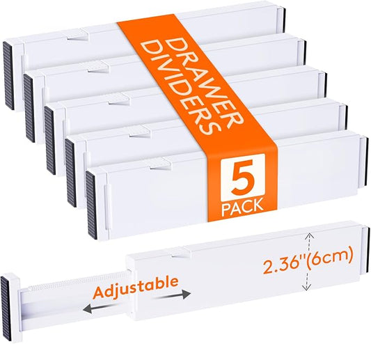 Lifewit 5 Pack 2.36" High Drawer Dividers 28-43.5cm/11-17" Adjustable Drawer Organizer for Clothes/Utensils, Expandable Drawer Separator in Dresser/Kitchen/Bedroom/Office Organization & Storage White