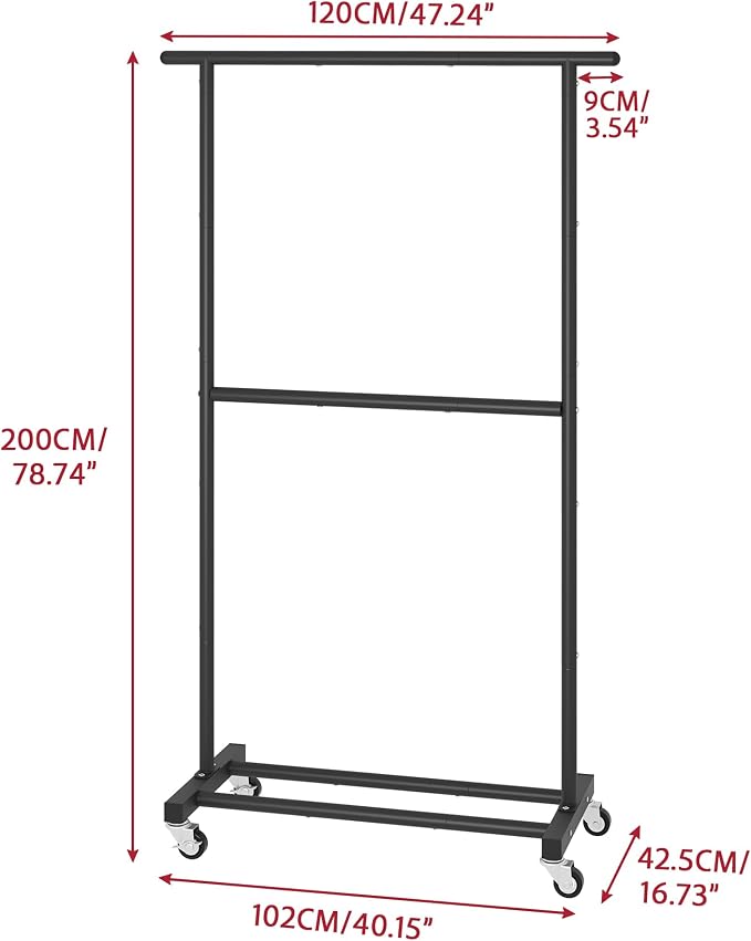 Sywhitta Double Rod Metal Clothing Garment Rack on Wheels, Black | Rolling Clothes Organizer, for Hanging Clothes,Coats,Easy to Assemble,Space-Saving,Mobile Organizer for Closet