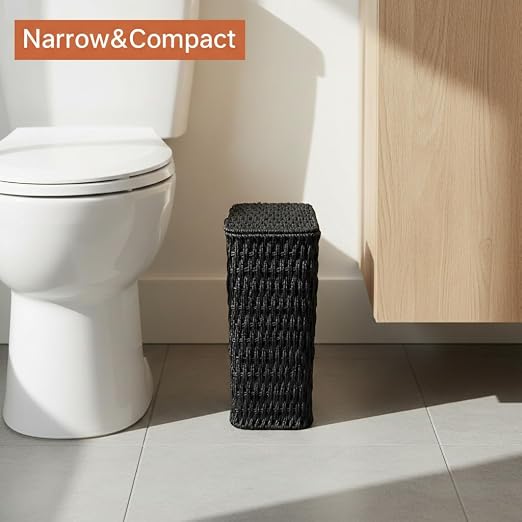Coeusy 3 Gallon Paper Rope Bathroom Trash Can,Small Wicker Trash Cans with Lid and Liner,Woven Rattan Narrow Waste Basket for Bedroom,Office,Black
