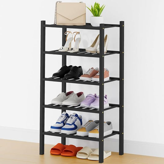 Smiry Bamboo Shoe Rack, 14 Vertical Slats, 5 Tier - 17.3" Wide, Black | Stackable Free Standing Wooden Shoe Organizer, Wood Shoe Storage Shelf for Closet, Entryway, Thicher Leg