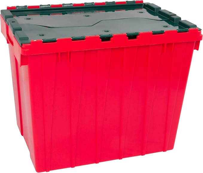 Akro-Mils KeepBox 18 Gallon Storage Container, Nesting and Stackable Plastic Storage Box with Lid Attached, Organizer Tote for Garages, Closets, and Moving, 21" x 15" x 17", Red/Green