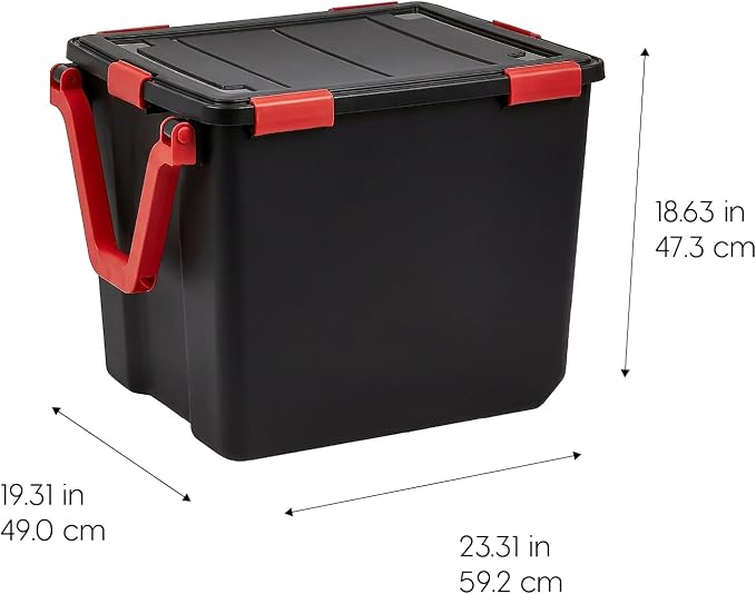 IRIS USA 3-Pack 106 Qt Storage Bins with Gasket Lids, Black/Red | WeatherPro seal helps protect bulky items for moving, garage, attic and basement storage