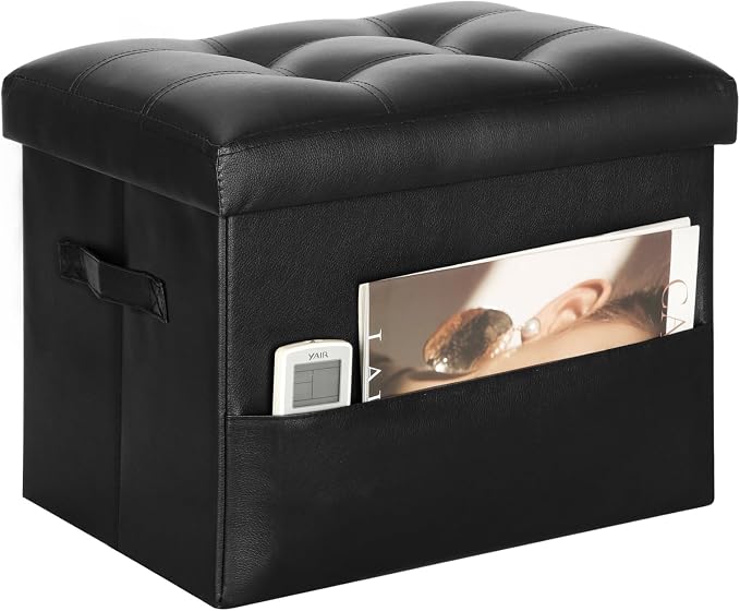 Storage Ottoman Foot Rest Stool with Thicker Foam Padded Seat. Foldable Leather Footstool Bench. Small Ottoman with Storage for Living Room Bedroom Coffee Table 350 lbs, 17x13x13in, Black. | Foldable Leather Foot Stool with Storage, Small Ottoman with ...