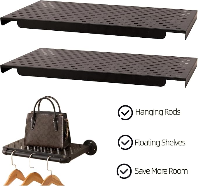 Industrial Pipe Clothing Rack, Wall Garment Rack, Hanging Clothes Rack | Heavy Duty Iron Clothes Bar/Rod, Space-Saving Clothing Hanging Rails with 2 Shelves for Closet Home Bedroom Retailer Laundry