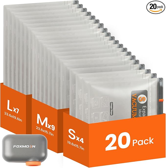 20 Pack Vacuum Storage Bags for Travel with Rechargeable Cordless Pump, Vacuum Seal Bags for Clothing Travel, Travel Essentials Space Saver Bags for Luggage