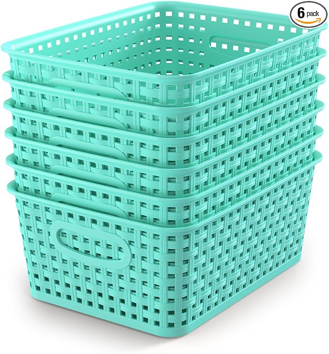 WYT 6-Pack Plastic Small Shelf Storage Weave Baskets Organizing for Cabinets and Pantries, Sky Blue