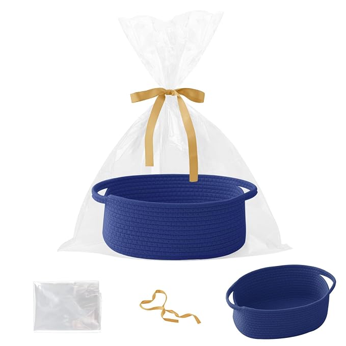 Royal Blue Woven Rope Basket,Baby Gift Basket with Bag & Ribbon | Cotton rope with handle, 12x8x5 in, gift bag and ribbon, for baby shower, birthday, toy storage, nursery, shelf decor