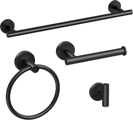 Bathroom Hardware Set, 24 Inch Matte Black Towel Bar Set, 4-Piece | Wall Mounted Bathroom Accessories, Towel Racks for Bathroom, Modern Towel Holder Set, Durable SUS304 Stainless Steel
