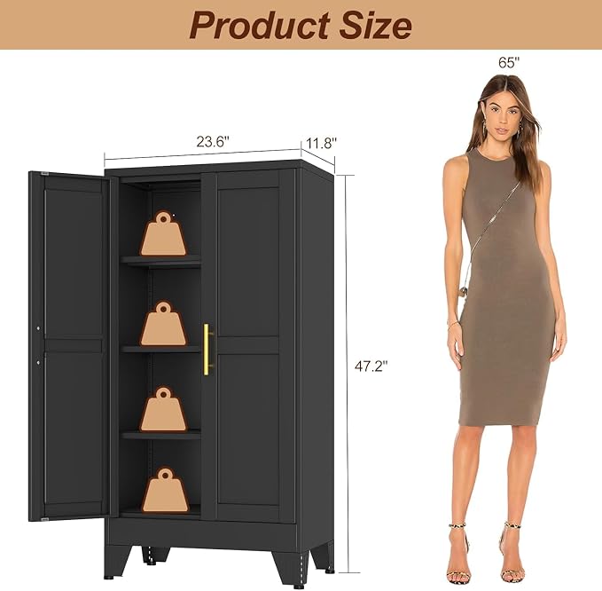 47" Black Metal Storage Cabinet with 2 Doors and 3 Adjustable Shelves,Steel Garage Tool Cabinet, File Cabinet,Kitchen Pantry Cabinet for Home,Office,Garage,School,Warehouse