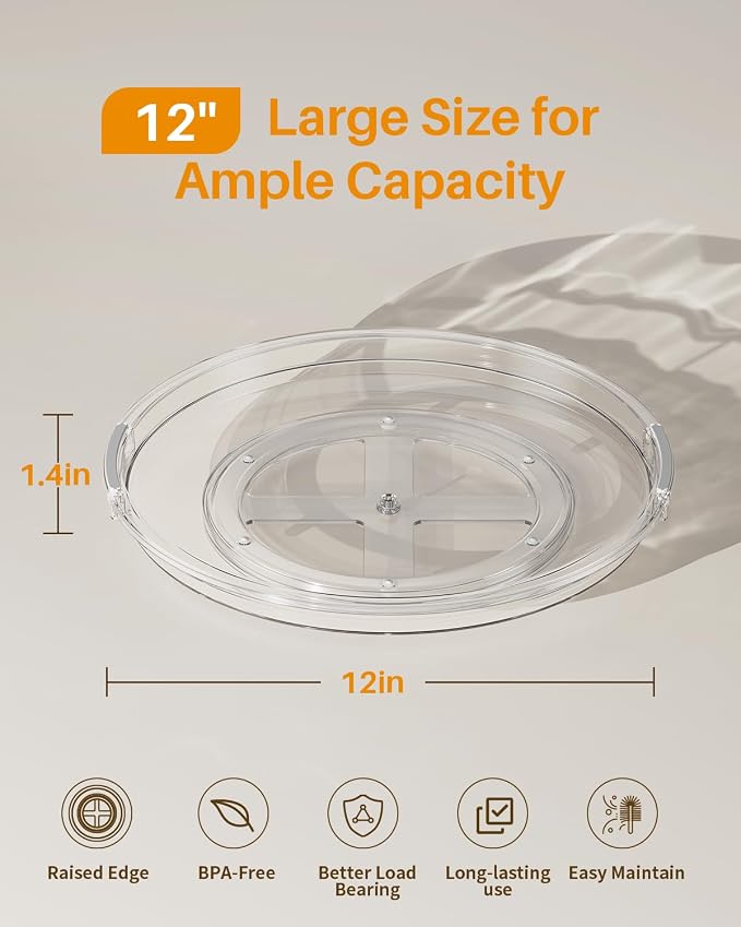 LAMU 2 Pack 11.8 Inch Lazy Susan Organizer Turntable for Cabinet, with High Edges to Prevent Falling, Large Clear Lazy Susan for Kitchen, Pantry, Refrigerator, Countertop, Table, Bathroom