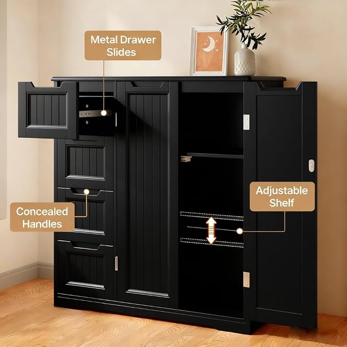 Gizoon Wooden Bathroom Floor Cabinet, Side Storage Organizer Cabinet | Bathroom Storage Cabinet with 4 Drawers & 2 Doors, Adjustable Shelf, Anti-tipping, for Entryway, Living/Dining Room, Black