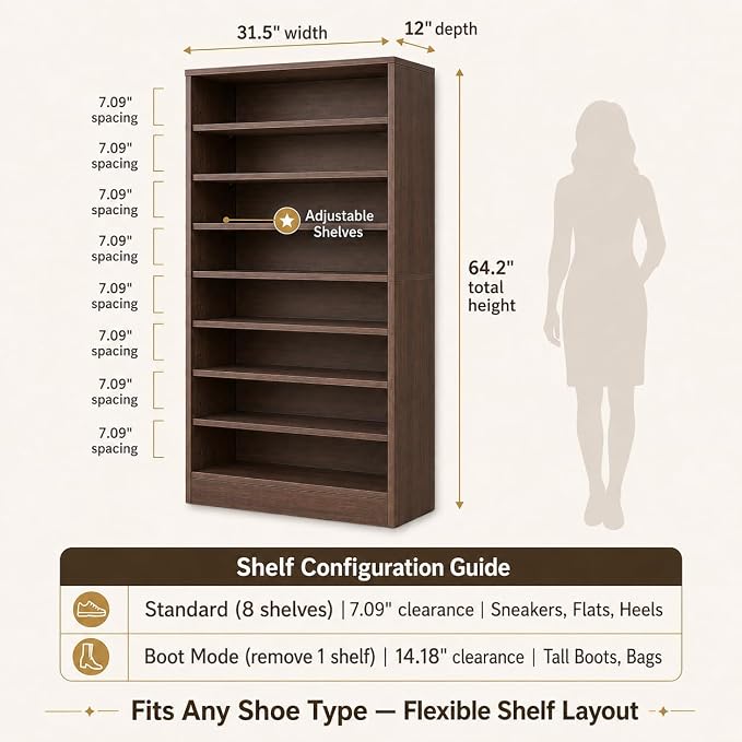 9-Tier Tall Shoe Rack Cabinet for Closet & Entryway, Walnut | Wooden Narrow Shoe Organizer Cabinet with Adjustable Shelves, Freestanding, for Bedroom, Hallway
