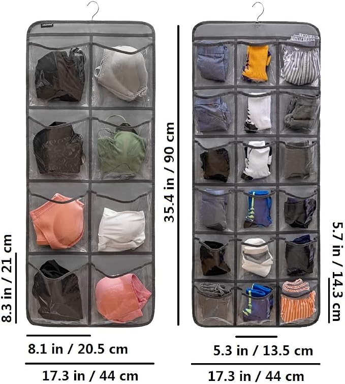 Dual-Sided Hanging Closet Organizer for Socks Underwear Bra Kids Storage Organizer for Baby Clothes Toddler Shoes with 26 Pockets (Grey-Clear Pockets)