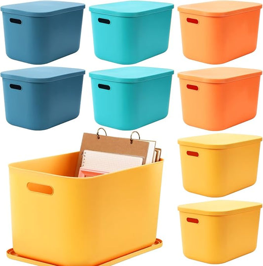 8 Pieces Colorful Storage Bins with Lid, Plastic Storage Basket Organizing Container Stackable Box with Handle for Shelves Desktop Playroom Office(14.2 x 10.2 x 9.5 Inch,Multi-colored)