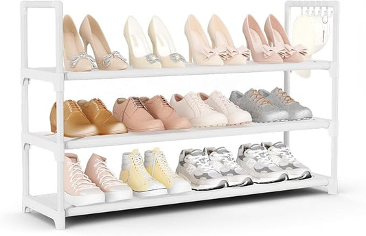 VILICK Shoe Rack for Closet Shoe Organizer Space Saver Storage for 12-15 Pair Shoe Shelf with Hook Free Standing 3 Tier Shoe Rack Organizer for Entryway, Small Spaces, White