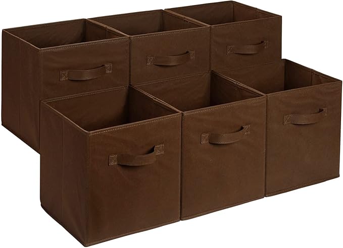 Amazon Basics Collapsible Fabric Storage Bins with Handles, Cube Organizer for Home Organization, 13" x 13" x 13", Brown, 6-Pack