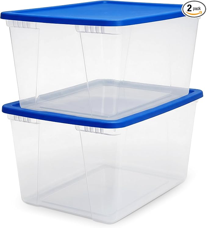 HOMZ Snaplock Clear Plastic Bin 56 Quart/14 Gallon | Storage Tote with Secure Lid | for Home, Office, Garage, Dorm Room Organizer | Stackable & Nestable | Blue Lid, Pack of 2
