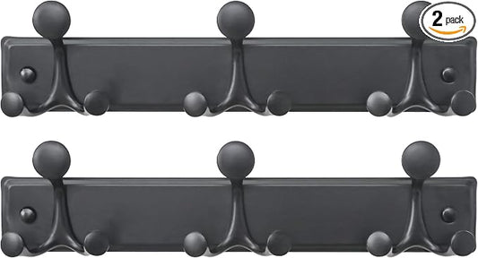 SKOLOO Lightweight Wall Mounted Coat Rack, 17 Inch Modern Coat Hanger for Entryway, Bathroom, Garage, 9 Hooks with 16cm Wide Spacing Design, Matte Black(Pack of 2)