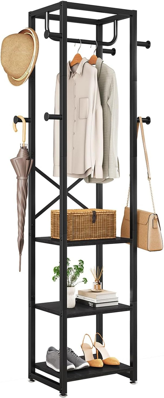 IBUYKE Freestanding Coat Rack,with 3 Shelves and 8 Hooks,Black UTMJ088B | Metal Frame,Industrial Hall Tree,Clothes Stand for Entryway, Hallway, Bedroom,Office, Living Room