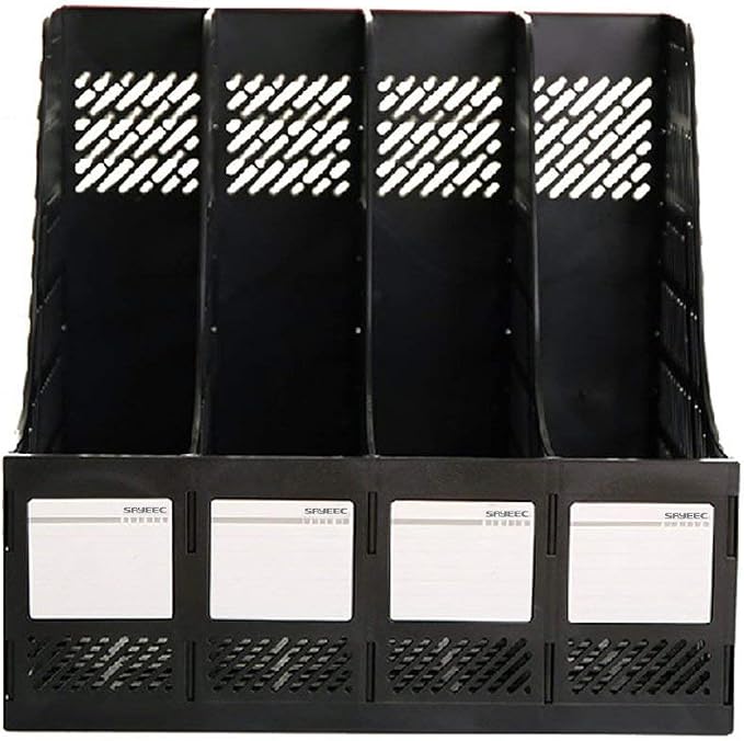 SAYEEC Desktop Magazine Holder Desk File Organizer 4 Compartments Vertical File Dividers Book Holder Frames Document Cabinet Rack Storage Organizer Box for Home Office School Black