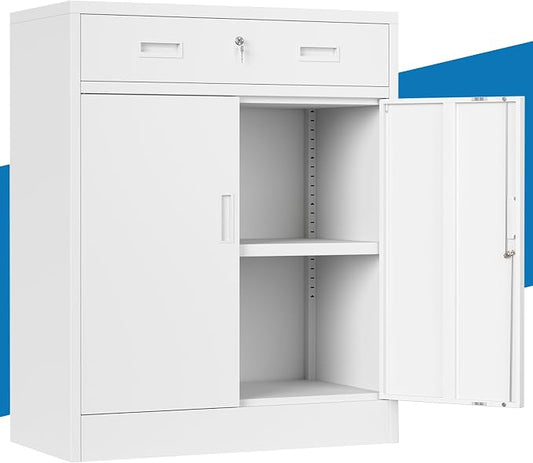 Metal Storage Cabinet, 36" Locking Cabinet with Adjustable Shelves for Garage, Office (White, 1 Drawer)