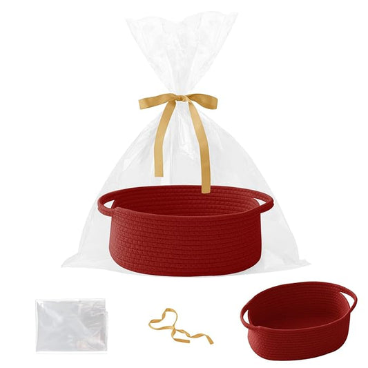 Red Woven Rope Basket - Baby Gift Basket with Bag & Ribbon | Cotton rope with handle, 12x8x5 in, gift bag and ribbon, for baby shower, birthday, toy storage, nursery, shelf decor
