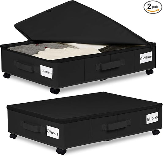 Vincona Under Bed Storage with Wheels, Rolling Under Bed Storage Containers with Label Holders for Clothes, Shoes and Blankets, Underbed Shoe Organizer with Cover, 2 Pack Black (30.71x15.7x7.28 in)