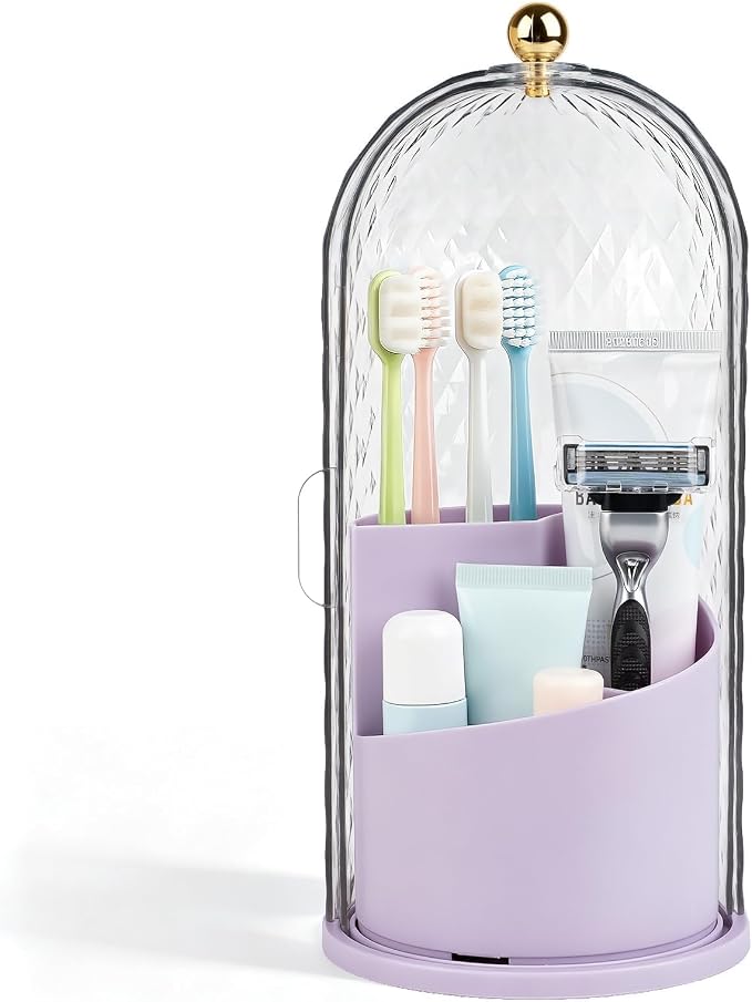 Toothbrush Holder with Cover for Bathroom Countertop, Organizer, Purple | Rotating 3 Slot Holder for Electric Toothbrushes, Toothpaste, Self Draining Vanity Organizer, Makeup Brush Storage