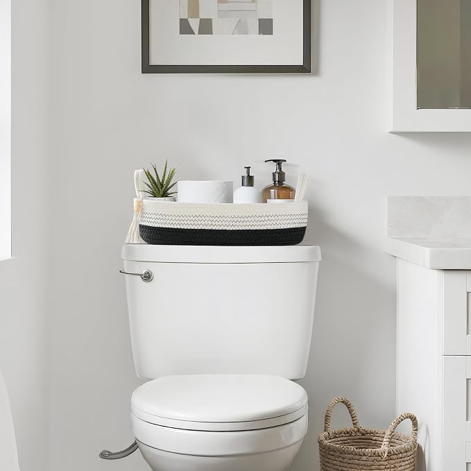 Mkono Toilet Paper Basket, Boho Bathroom Decor, Small Storage Organizer | Black and White, 15.7"L x 6"W, Back of Toilet Basket, Decorative Woven Tray with Handles, Space-Saving, Living Room Bedroom