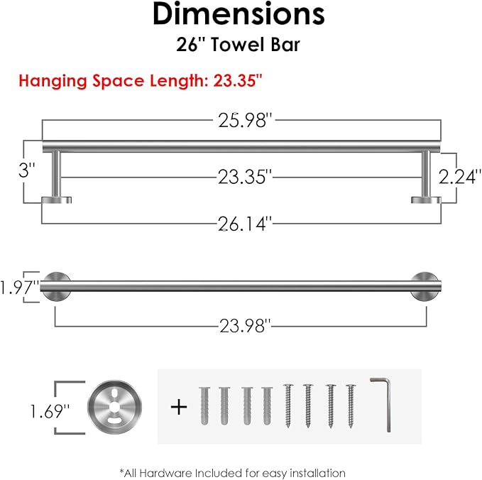 FORIOUS Towel Bar 24" Towel Racks for Bathroom Wall Mounted Brushed Nickel | Total Length 26 Inch, Rustproof, Stainless Steel Towel Holder, Wall Mounted for Bathroom Bedroom, Heavy Duty, Space Saving