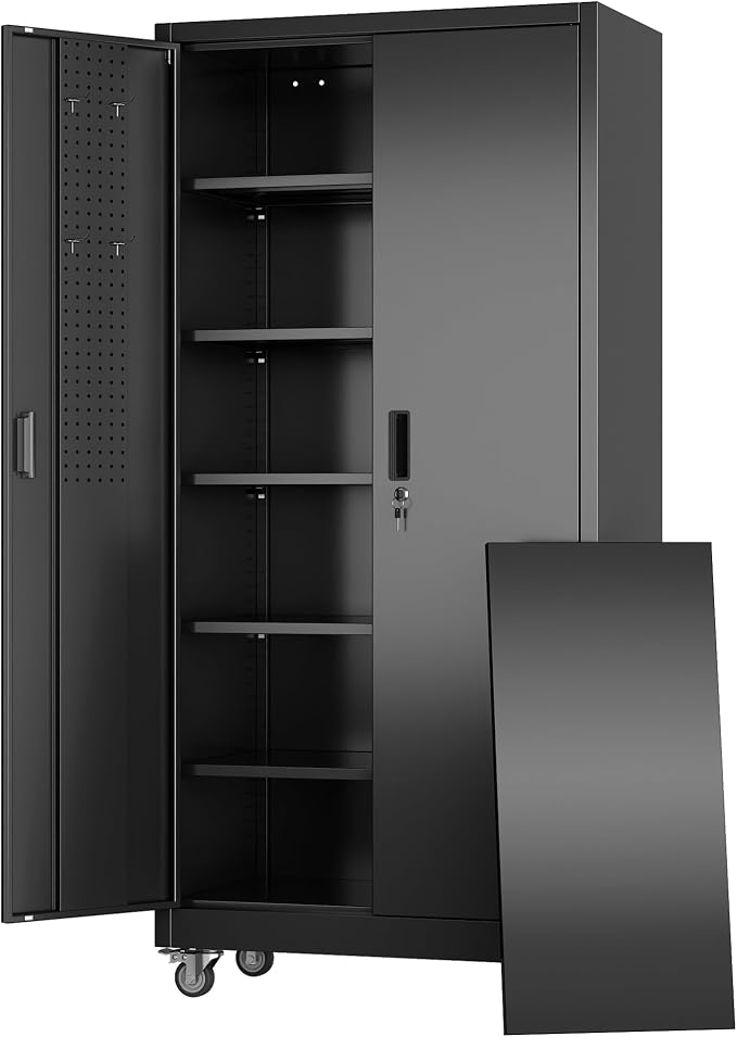 Aobabo Metal Storage Cabinet with Wheels and Door Pegboard | Garage and business storage for tools and office supplies; 5 adjustable shelves, lockable black cabinet, 16"D x 32"W x 71"H