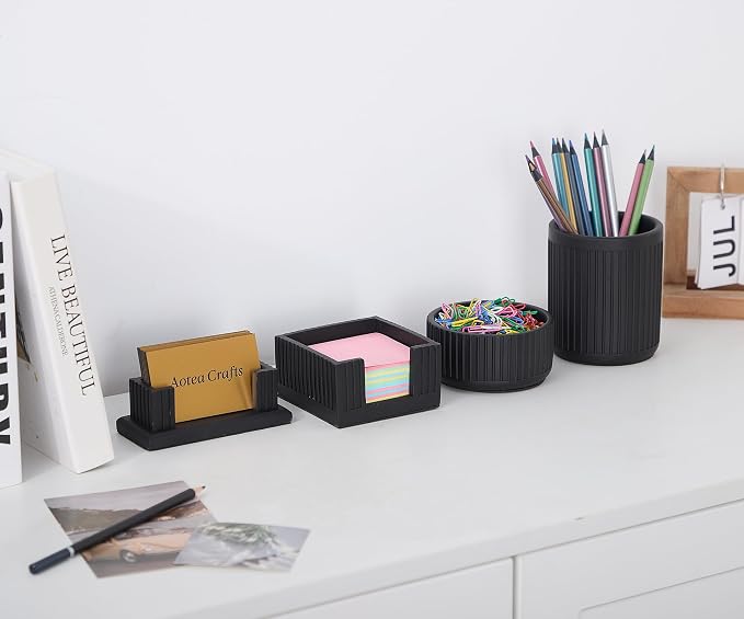 Set of 4 -Concrete Office Desk Accessories for Men-Modern Industrial Decor | Aesthetic Desk Organizers-Pen,Business Card,Sticky Note &Paper Clip Holders