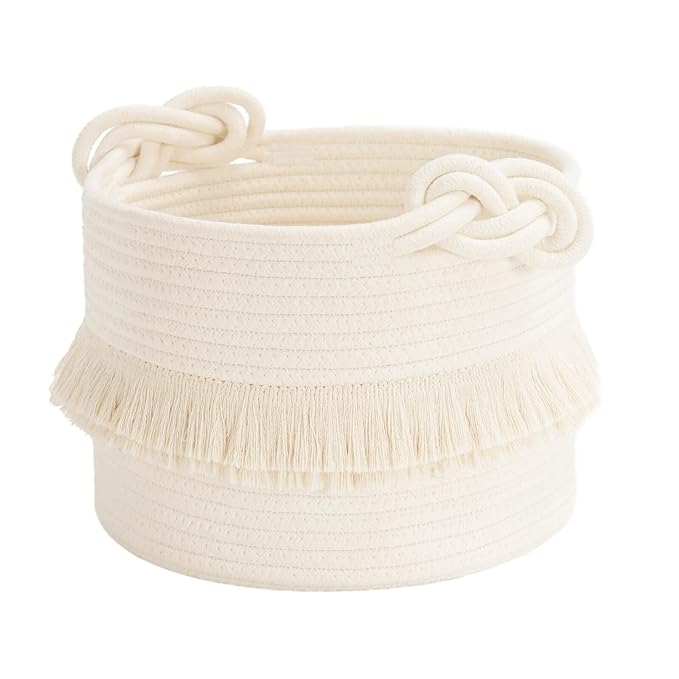 CherryNow Small Woven Rope Baby Basket with Tassel, 9.5" x 7", Off-White | Cute Storage Basket for Baby Shower, Toys & Daily Essentials, Fits Nursery Living Room Decor, with Knotted Handles