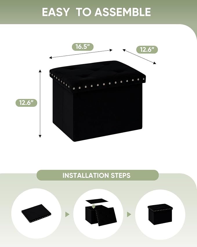 B FSOBEIIALEO Storage Ottoman Cube Folding Tufted Ottomans, Storage Boxes Footrest for Bedroom, Luxury Velvet Fabric 16.5 * 12.6 * 12.6 Inches Black