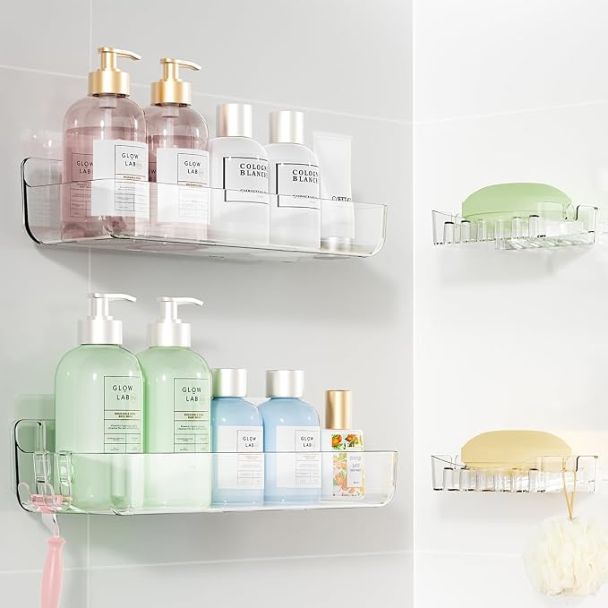Crystal-Clear Shower Caddy with Soap Dish & Adhesive Pads, 2 Pack | Acrylic Wall Mounted Shower Shelves for Bathroom Organizers and Storage, No Drill for Bathroom Decor