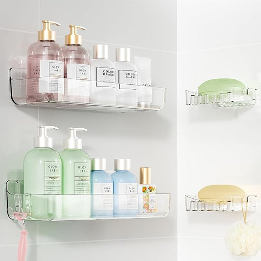 Crystal-Clear Shower Caddy with Soap Dish & Adhesive Pads, 2 Pack | Acrylic Wall Mounted Shower Shelves for Bathroom Organizers and Storage, No Drill for Bathroom Decor