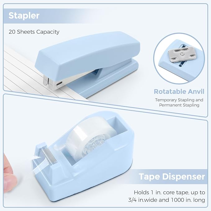 SKYDUE Blue Office Supplies Set, Office Desk Accessories, Mesh Desk Organizer, Stapler, Tape Dispenser, Scissors, Binder/Paper Clips and 1000pcs Staples, Office Supplies for Teacher, Gifts