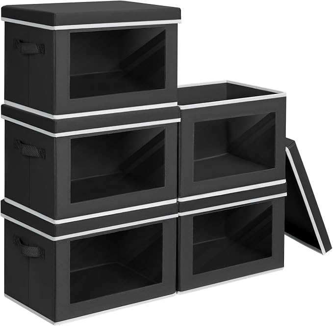 Homsorout Stackable Storage Bins with Lids - Large Decorative Basket with Lids, Fabric Foldable Closet Organizer Bins, Shelf Organizer for Living Room, Dorm, 5 Pack, Black