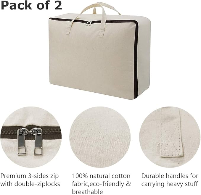 3pcs Cotton Clothes Bedding Storage Organizer Bins with Handles 3-side Zip | Breathable Canvas, Soft Storage Bins, Good for winter Clothes, Sweaters blankets, duvets, pillows Organizer, Beige, washable