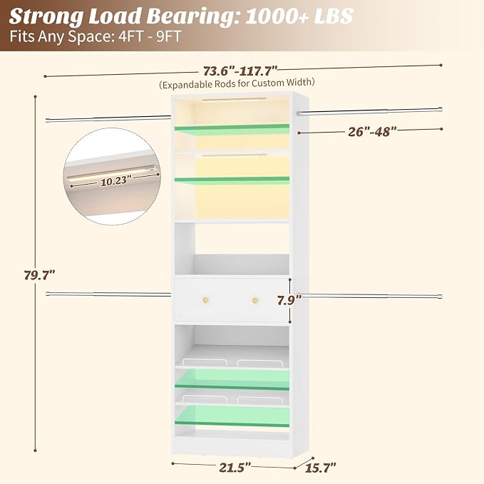Wood Closet Organizer System with Sensing Light - 4FT-9FT Expandable Wardrobe Closet with Drawer & 4 Hanging Rods, Heavy Duty Walk-in Closet 1000Lbs for Bedroom Walk-in Closet, White