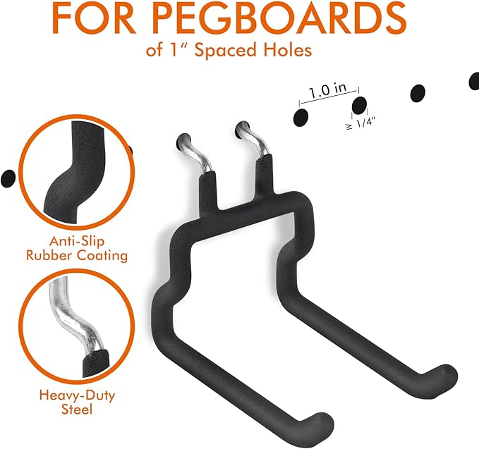 Utility Heavy Duty Pegboard Hooks, 10Pack Peg Board Accessories Tool Hanger | Fit 1/8" 1/4" Peg Holes, Double Arm Peg Board Bracket, Rubber Coated, Large Tool Organizer for Garage Workshop Shed Craftroom