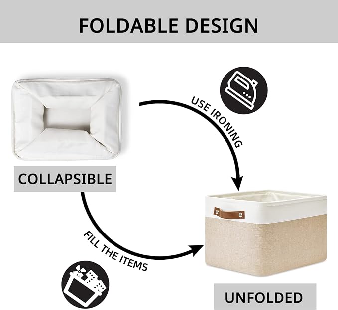 DULLEMELO Fabric Storage Bins for Laundry, Home, Foldable Storage Baskets for Shelves, Toys, Collapsible Storage Bins for Office, Closet,Bedroom(White&Khaki,L-15"x11"x9.5",4-Pack)