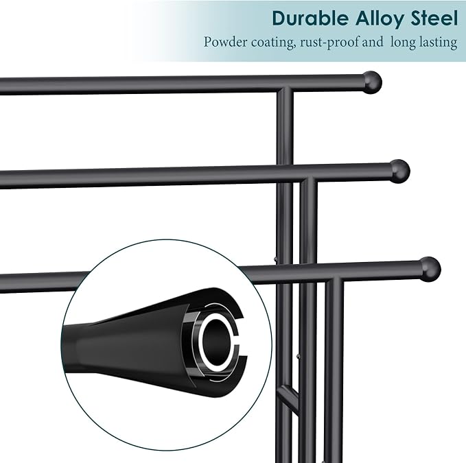 Kayfia 40'' Freestanding 3 Tier Alloy Steel Towel Rack with Storage Basket | Dual-Use Drying & Display Rack, Holds Oversized Bath Towels & Blankets, Fits Bathroom, Tub, Shower, Poolside, Black