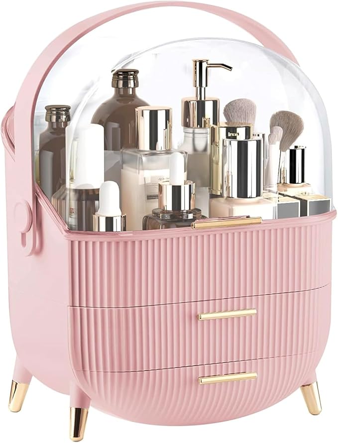 Makeup Organizer for Vanity, Large Capacity Skincare Organizer Countertop | Cosmetics Organizer with 2 Drawes, Cosmetic Display Cases Makeup Storage Box for Bedroom, Bathroom, Gifts for Women(Pink)